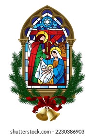 Stained glass window of the scene of the birth of Jesus Christ in a classic Gothic frame framed by spruce branches with bells isolated on white. Vector illustration