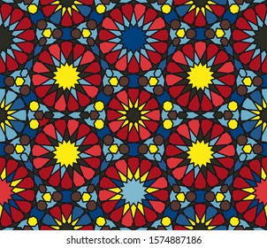 Stained glass window seamless pattern. Colorful kaleidoscopic texture. Repeating islamic geometric ornament. Moroccan motif print. Circle ornate background.