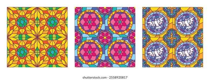 Stained glass window seamless pattern. Vibrant geometric and floral mosaic designs inspired by cathedral and church glass art. Decorative glass patterns vector background illustration set.