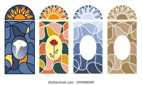 Ventana de vidrio manchado. Conjunto de mosaicos multicolores. Ilustración vectorial aislada sobre fondo blanco