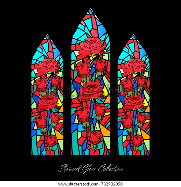 ステンドグラスの窓の形をした花のバライラスト 教会モザイク ステインテクスチャー のベクター画像素材 ロイヤリティフリー