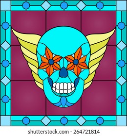 Stained glass window with a skull on the day of death, decor for doors and windows