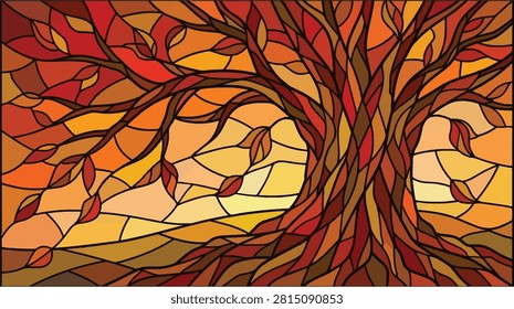 Stained glass window style autumn tree landscape, colorful mosaic art fall nature background illustration.