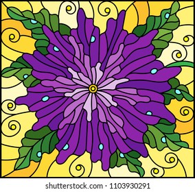 Stained glass window style illustration with abstract purple flower with leaves and dew drops on yellow background
