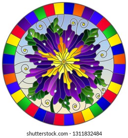 Stained glass window style illustration with abstract purple flower with leaves and dew drops on blue background,round  picture frame in bright 