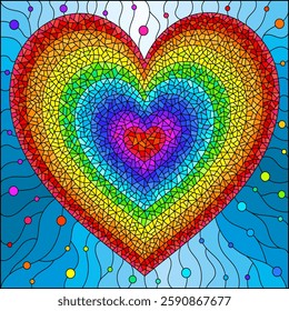 Stained glass window style illustration with a bright rainbow heart on a blue background