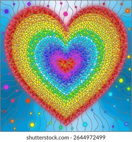 Stained glass window style illustration with a bright rainbow heart on a blue background