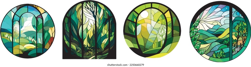 Stained glass window style set of four scenes depicting outdoors and nature themes, hills, stream