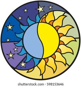 Stained glass window the sun and the moon