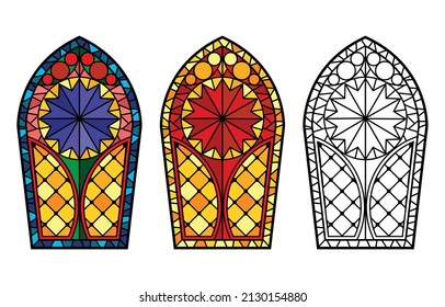 Stained glass window template in gothic design and different variants of painting isolated vector illustration