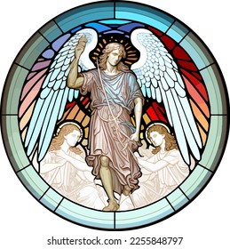 Stained glass window of three archangels, Gabriel, Raphael, Michael. 