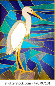Stained glass Window. Vector composition of white herons on the water. For ArchiCAD, interiors, design. Egret on water. Leaded pane. Tiffany stained glass for the interiors.