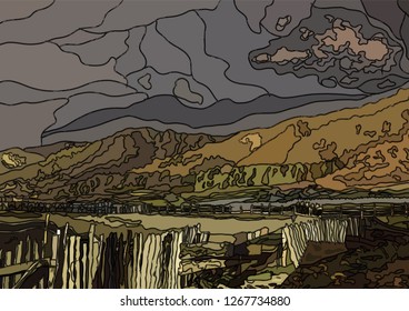 stained glass window vector night landscape mountain  in the village 