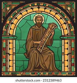 Stained glass window vector of Saint Ephrem (c. 306 - 373 AD) playing a lyre. svg
