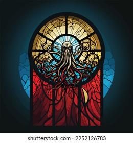 Stained glass window vector of a sea creature deity, Cthulhu esque.