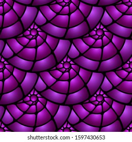 Stained glass window vector seamless pattern. Snail spirals ornament. Swirl helix geometry. Black violet stained glass geometric seamless background. Spiral shapes pattern.