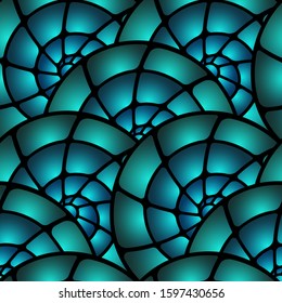 Stained glass window vector seamless pattern. Snail spirals ornament. Swirl helix geometry. Black turquoise stained glass geometric seamless background. Spiral shapes pattern.