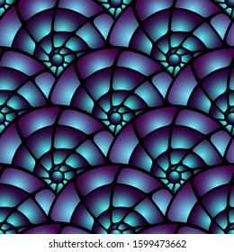 Stained glass window vector seamless pattern. Snail spirals ornament. Swirl helix geometry. Black blue violet stained glass geometric seamless background. Spiral shapes pattern.