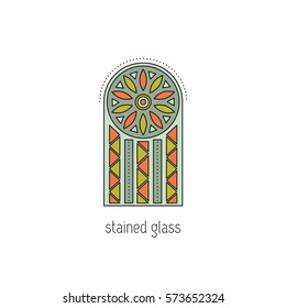 Stained glass window, vector thin line icon. Type of handmade work. Isolated symbol. Logo template, element for business card or workshop announcement. Simple mono linear modern design.