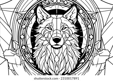 Stained glass window of a wolf under the moon line art vector .black and white