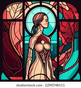 Stained glass window of a woman, awareness of women's health issues.