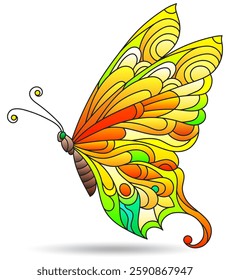 Stained glass windows with butterfly, isolated on a white background