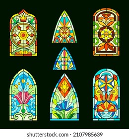 Stained glass windows. Church cathedral decorative transparent colored windows frame with piece glasses beautiful medieval sacramental architectural