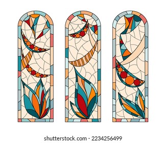 Stained glass windows in a Church. Composition of three pieces.