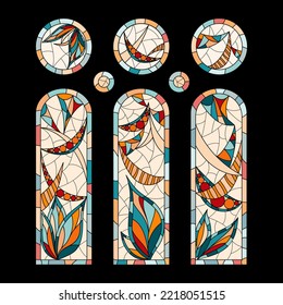 Stained glass windows in a Church on black background. Set of different pictures drawing in one style.