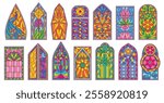 Stained glass windows. Colored art glass mosaics with ornamental floral patterns, medieval church window and decorative cathedral architecture geometric isolated vector illustrations set.