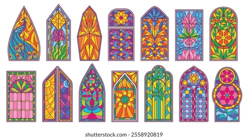 Stained glass windows. Colored art glass mosaics with ornamental floral patterns, medieval church window and decorative cathedral architecture geometric isolated vector illustrations set.