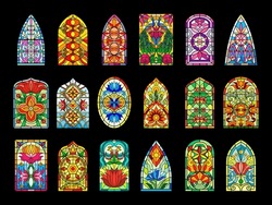 Stained Glass Windows. Decorative Colored Frames Transparent Glasses For Church Cathedral Medieval Windows Recent Vector Templates