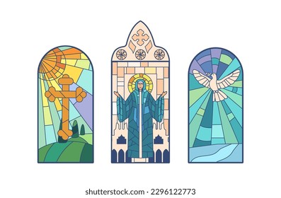 Stained Glass Windows Depict Cross, Saint Mary And White Dove. Intricate Patterns And Vibrant Colors Vector Illustration