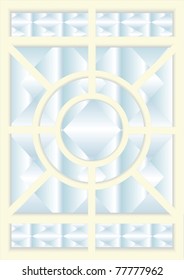 Stained glass for windows, doors, walls, yellow frame, blue background.