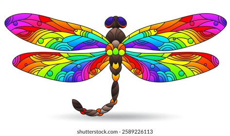 Stained glass windows with dragonfly, dark outlines on a white background