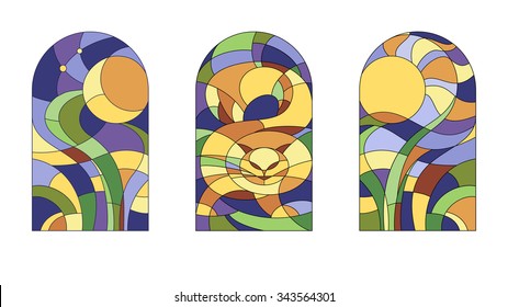 Stained glass windows with ginger cat and moon, sun