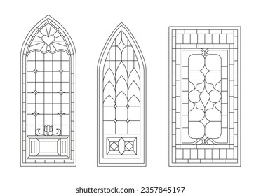 Conjunto de ventanales manchados. Marco minimalista para la construcción de la iglesia. Mosaico de la catedral. La fachada y los elementos exteriores. Colección vectorial plana de dibujos animados aislada en fondo blanco