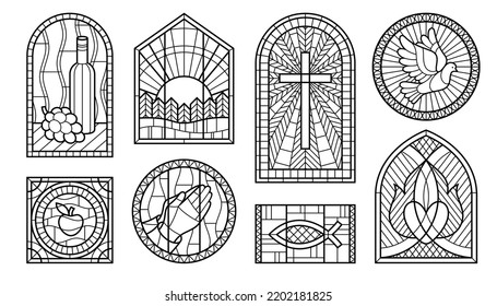 Stained glass windows monochrome line art set vector illustration. Medieval gothic cathedral classical design. Historical building castle decor carved dove praying hands cross sunset sunrise fish