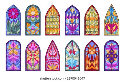 Stained glass windows. Mosaic church windows, decorative cathedral stained glasses flat vector illustration set. Geometry and floral design windows