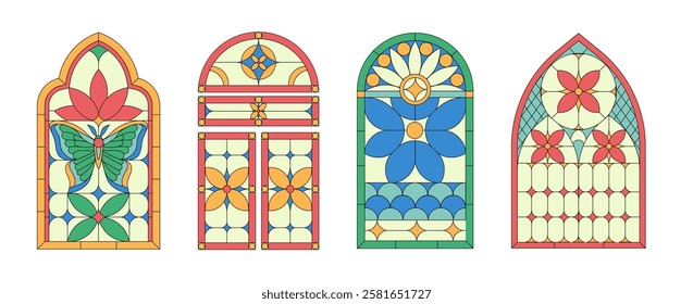 Stained glass windows set. Colorful patterns and ornaments on glasses. Creativity and art. Christian chapel decoration. Flat vector collection isolated on white background