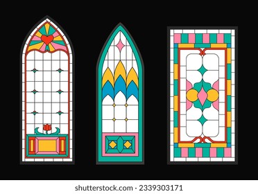 Ventanas de vidrio manchadas. Ornamentos tradicionales. Religión y fe, iglesia. Patrones coloridos. Plantilla, disposición y burla. Colección vectorial plana de dibujos animados aislada en fondo negro