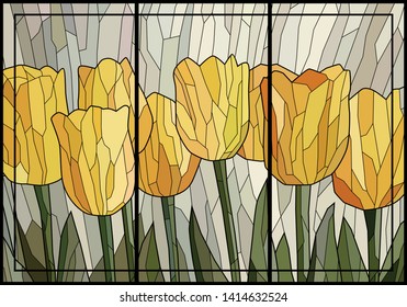 Stained glass yellow tulips in frame. Vector graphics, mosaic full color. Imitation of colored glass