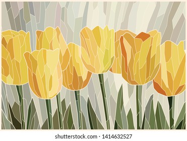 Stained glass yellow tulips on gray scenic background. Vector graphics, mosaic full color. Imitation of colored glass