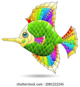 A stained glass-style illustration with an abstract bright fish, an animal isolated on a white background