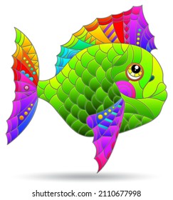 A stained glass-style illustration with an abstract bright fish, an animal isolated on a white background