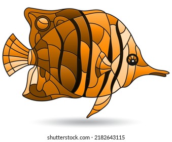 A stained glass-style illustration with an abstract fish, an animal isolated on a white background, tone brown