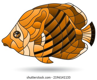 A stained glass-style illustration with an abstract fish, an animal isolated on a white background, tone brown