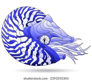 A stained glass-style illustration with a blue nautilus clam, an animal, isolated on a white background