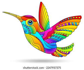 A stained glass-style illustration with a bright hummingbird bird, an animal isolated on a white background