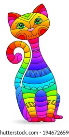 A stained glass-style illustration with a bright rainbow cat, an animal isolated on a white background